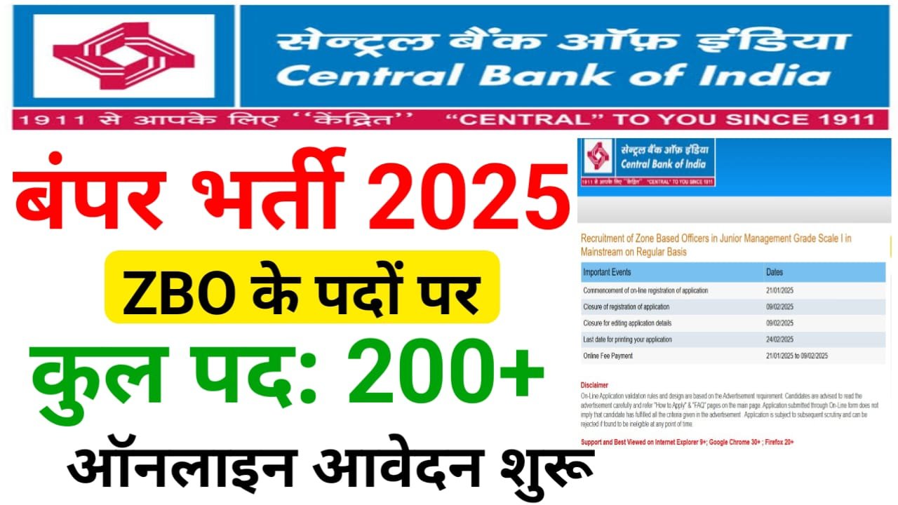 Central Bank Of India ZBO Bharti 2025 Online Apply (Started) — सेंट्रल बैंक में निकली नई भर्ती ग्रेजुएशन पास, करें ऐसे आवेदन