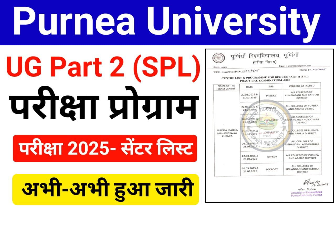 Purnea University UG Part 2 Special Practical Exam Program and Centre List 2025 — पूर्णिया यूनिवर्सिटी स्नातक डिग्री पार्ट 2 स्पेशल एग्जाम प्रैक्टिकल एग्जाम और सेंटर लिस्ट हुआ जारी